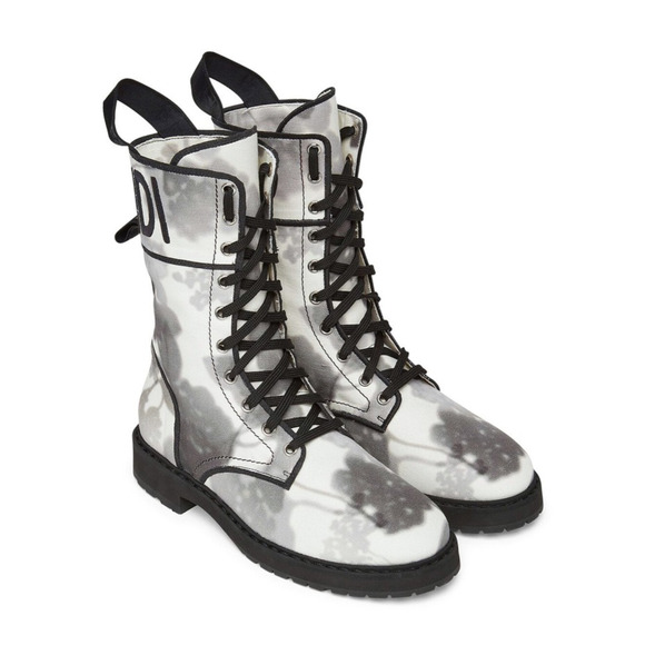 Fendi Black Grey White Tie Dye Canvas Lace Up Tie Logo Combat Biker Boot 39.5 - Picture 2 of 12